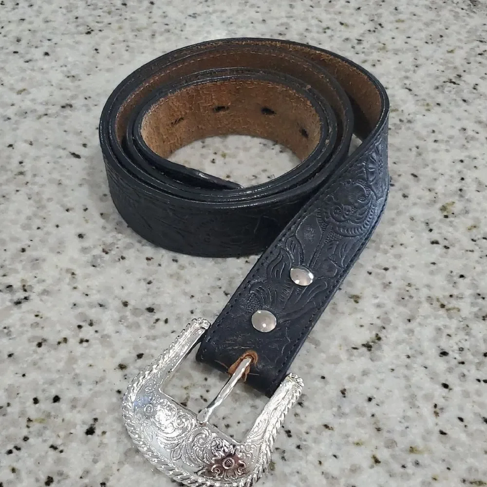 Classic Black and Silver Leather Belt with Adjustable Buckle